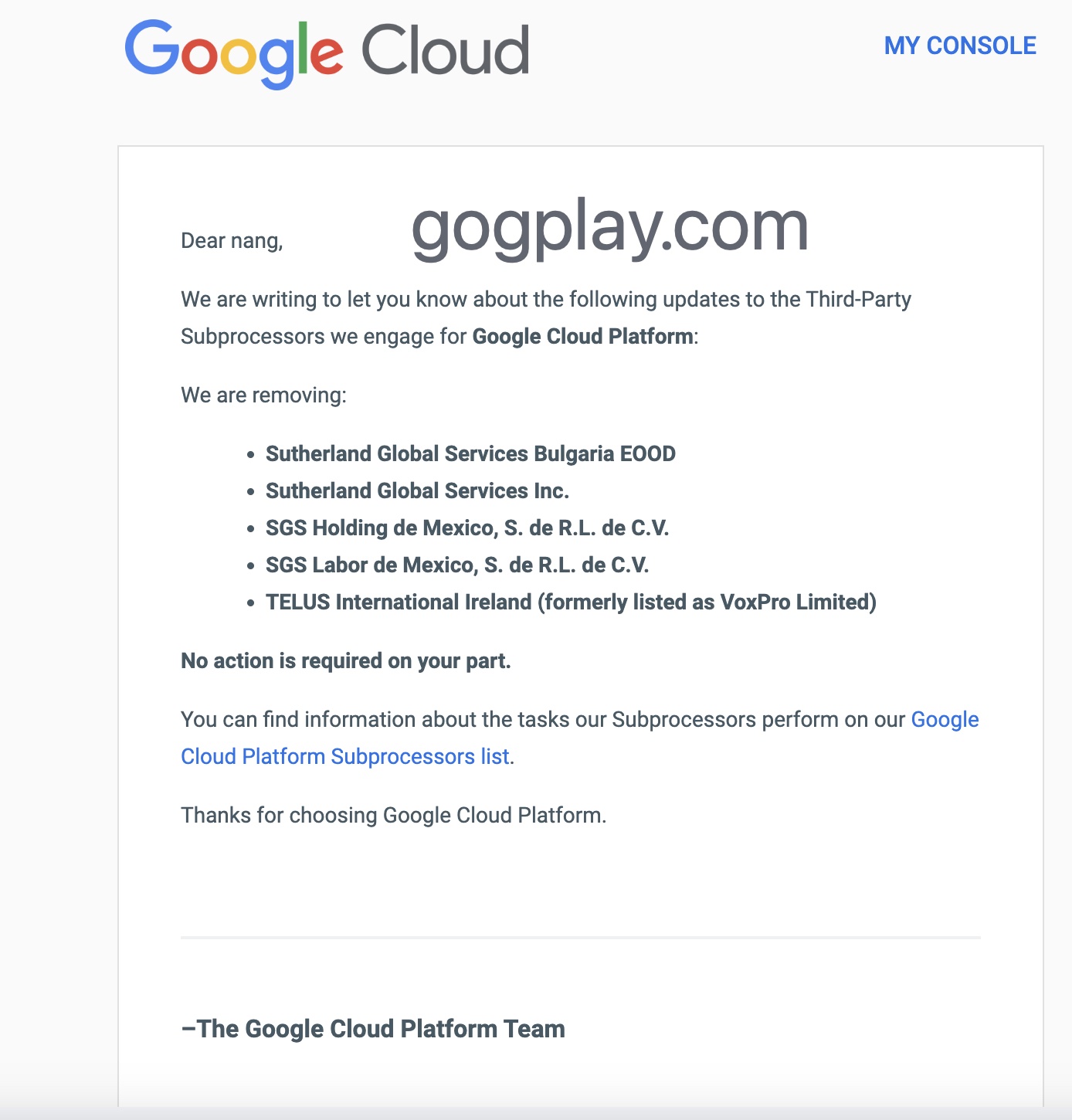 [更新] Google Cloud Platform 第三方分包商列表的变更